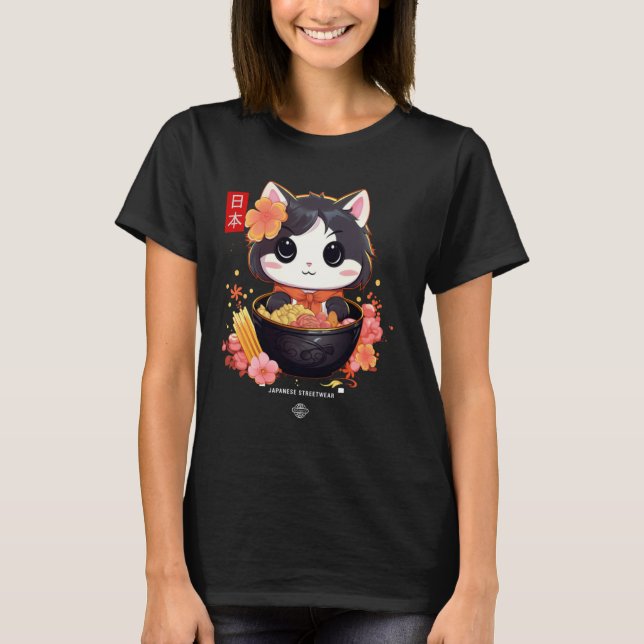 Ramen Cat Japansk Neko-Roligt T Shirt (Framsida)