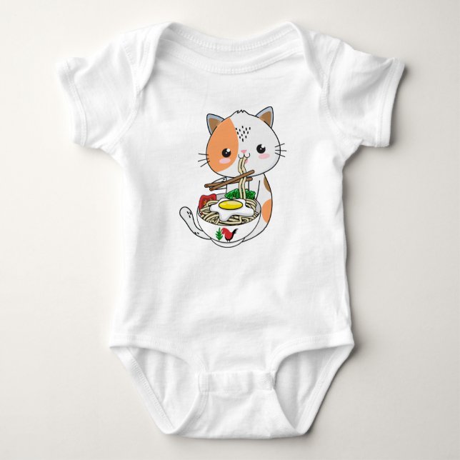 Ramen Cat Kawaii Anime Backround and Illustration T Shirt (Framsida)