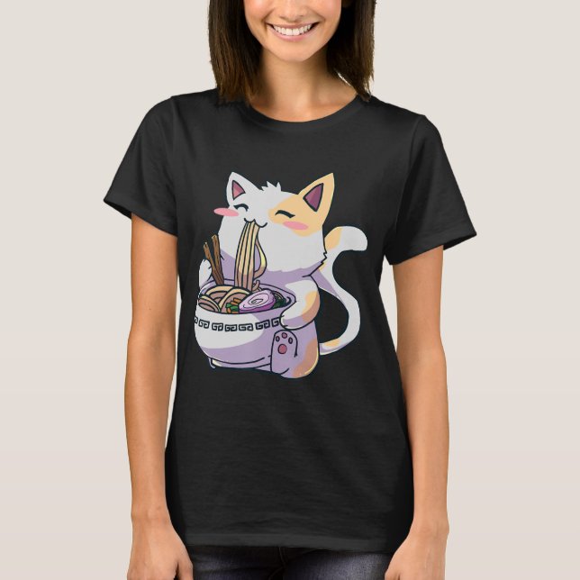 Ramen Cat Kawaii Anime Jape Japp T Shirt (Framsida)
