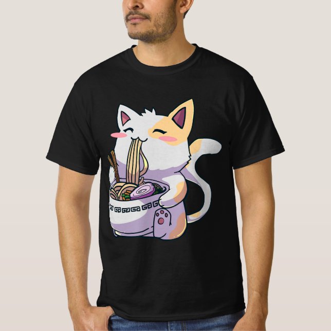 Ramen Cat Kawaii Anime Jape Japp T Shirt (Framsida)