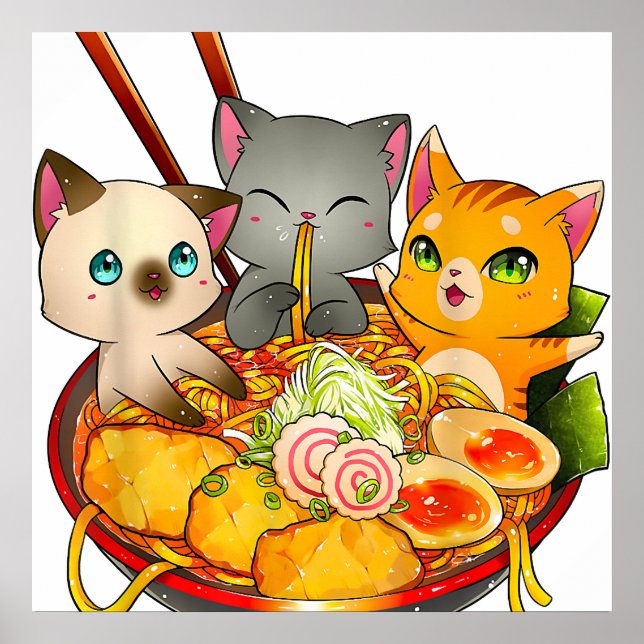 Ramen Cat Kawaii Neko Anime Otaku Cats Japanska Poster (Framsidan)