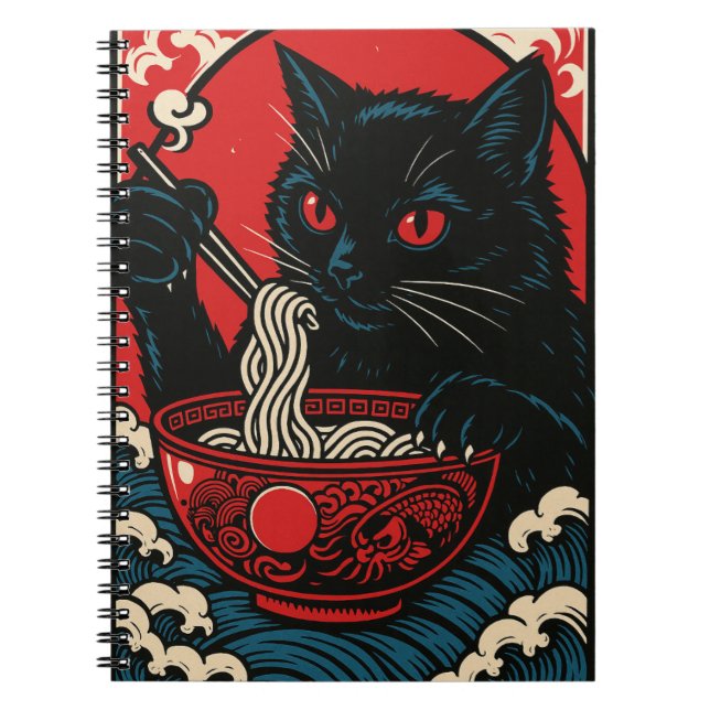 Ramen Cat Notebook Japanese Ukiyo-e Black CatAnime Anteckningsbok (Framsidan)