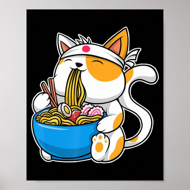 Ramen Cute Kawaii Anime Japansk Food Neko Cat Poster (Framsidan)