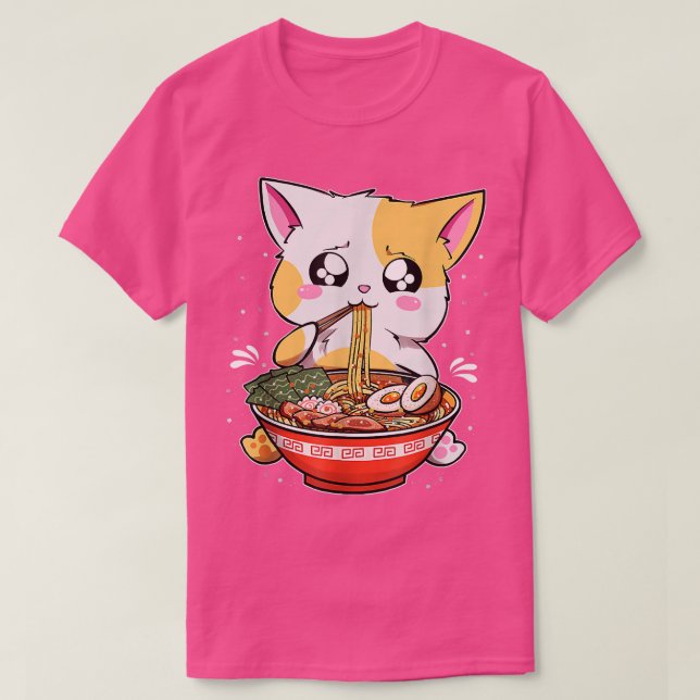 Ramen Eating Cat Kawaii Anime Baka Japanska T Shirt (Design framsida)