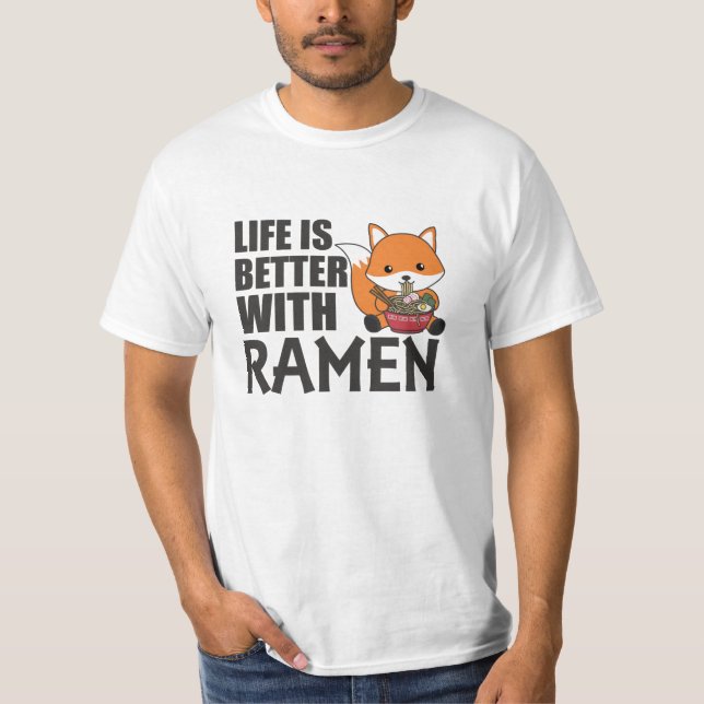 Ramen Japansk Noodle Cute Fox Eats Ramen T Shirt (Framsida)