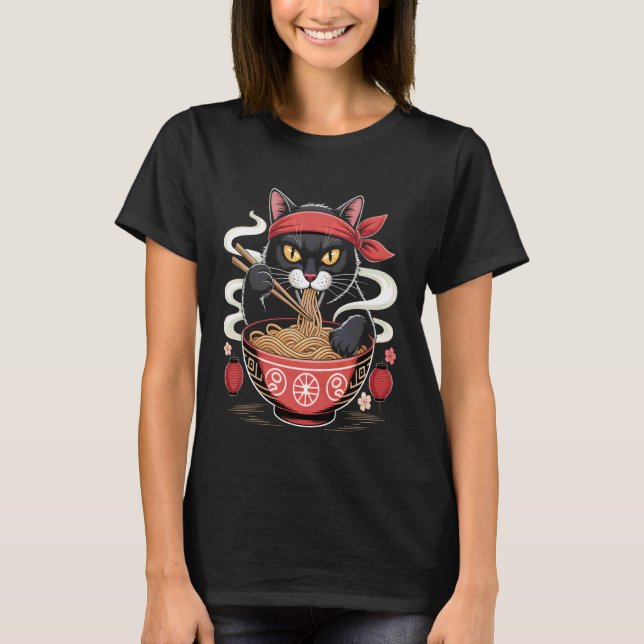 Ramen Katt Samurai Nudel T Shirt (Framsida)