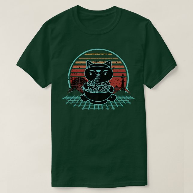 Ramen Maneki Cat Neko Kawaii Retrowave Sunset2008 T Shirt (Design framsida)