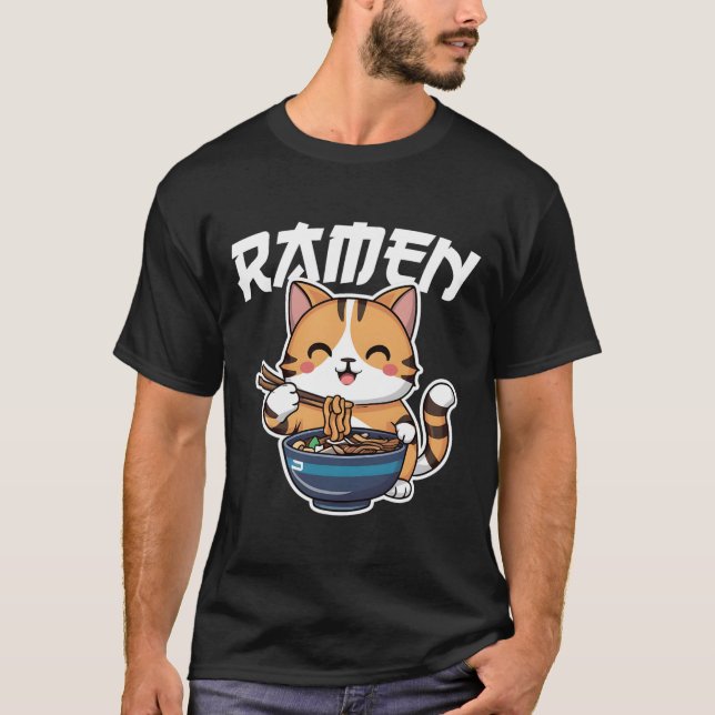 Ramen Noodle Neko Cat Japanska Kawaii Manga Anime T Shirt (Framsida)