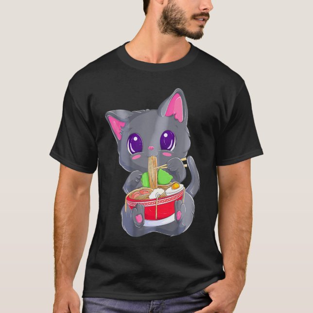 Ramen Noodles Kawaii Anime Neko Cat T Shirt (Framsida)