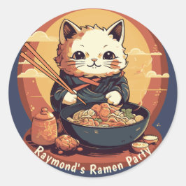 Ramen Party Födelsedagsfest med Anime Cat Runt Klistermärke