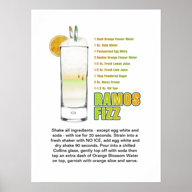 Ramos Gin Fizz Cocktail Recept Konst 18"x24" Affis Poster (Framsidan)