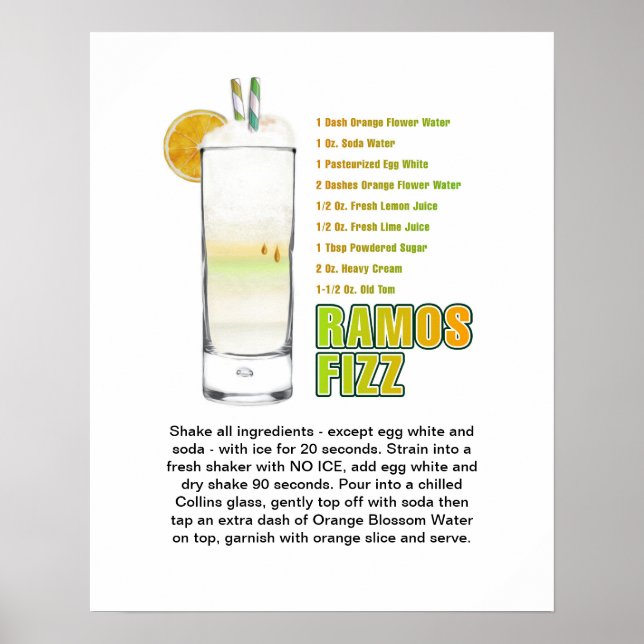 Ramos Gin Fizz Cocktail Recipe Art 16"x20" Poster (Framsidan)