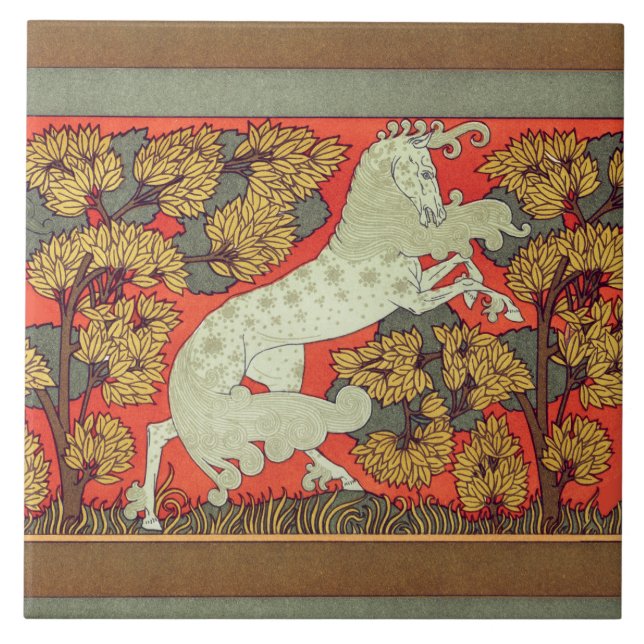 RAMPANT WHITE HORSE, TRÄD I WOODLAND Art nouveau Kakelplatta (Framsidan)