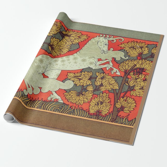 RAMPANT WHITE HORSE, TRÄD I WOODLAND Art nouveau Presentpapper (Utrullad)