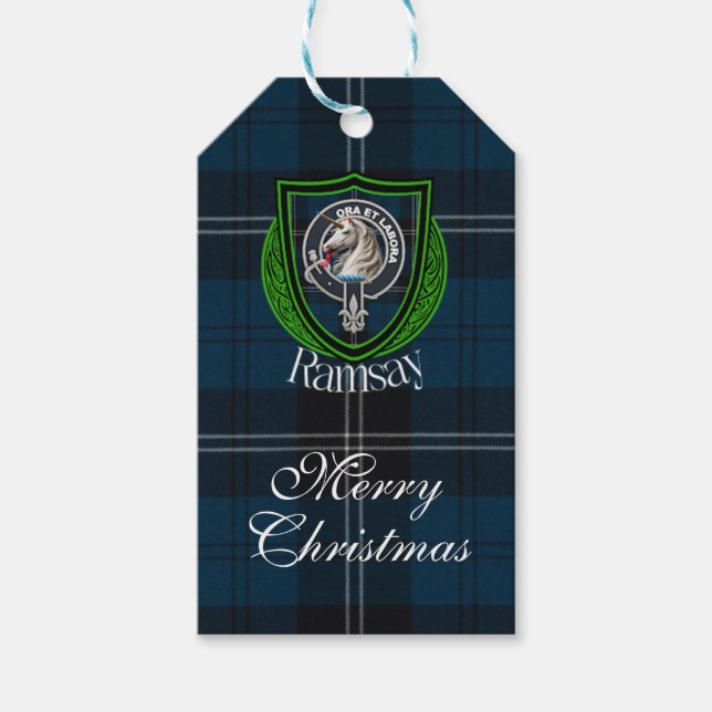Ramsay skotska klanens tartan & vapensköld presentetikett (Framsidan)