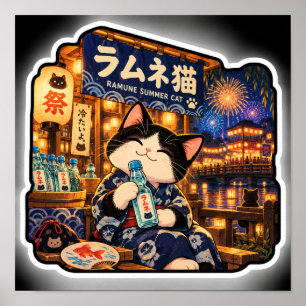 Ramune Sommar Katt Affisch Japansk Festival Kons