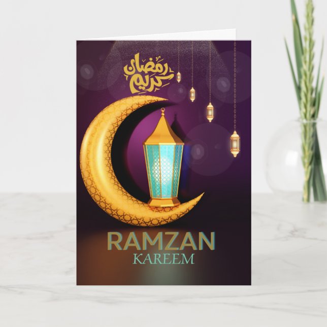 Ramzan Kareem Gyllene Måne Med Lyktor Lila  Helgkort (Framsida)