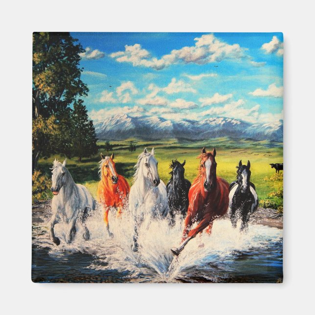 Ranch horse springa genom målning av flodlandskape magnet (Framsidan)