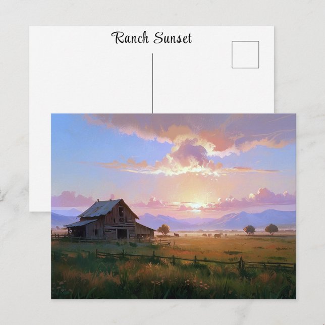 Ranch Sunset Sunrise Painting Abandoned Old Farm Vykort (Fram/baksida)