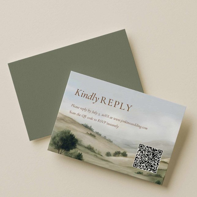 Ranch Utomhus Bröllop RSVP QR-kod Kort (Old Money Country Western Rsvp with QR Code Card)