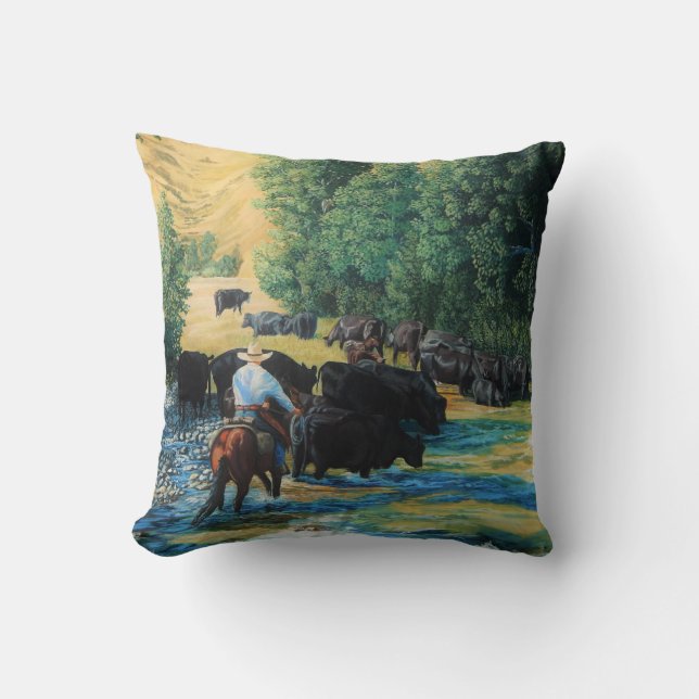 Ranchhäst och drev och flod för Angus Kudde (Framsida)