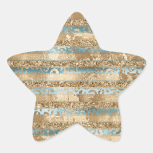 Rand av leopard för Aqua Blue Guld Glitter Stjärnformat Klistermärke