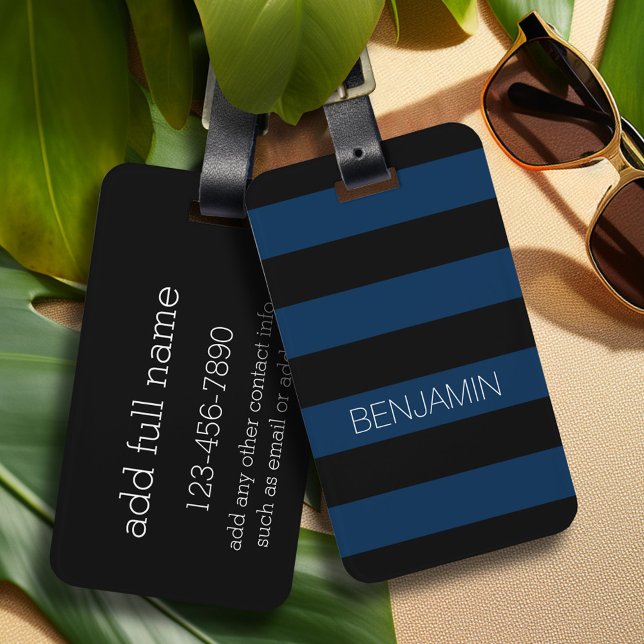 Rand av marin blå och svart rugby med eget namn bagagebricka (Personalized luggage tag - Modern Stripe Pattern with custom text)