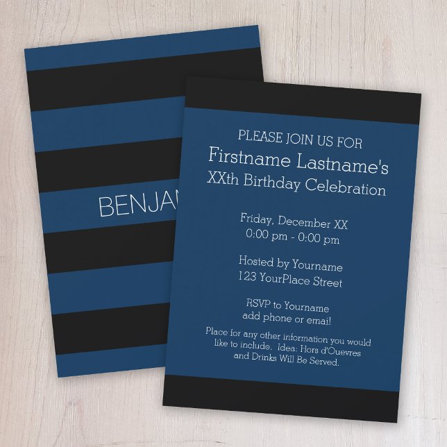 Rand av marin blå och svart rugby med eget namn inbjudningar (Black and navy blue rugby stripe birthday party invitation)