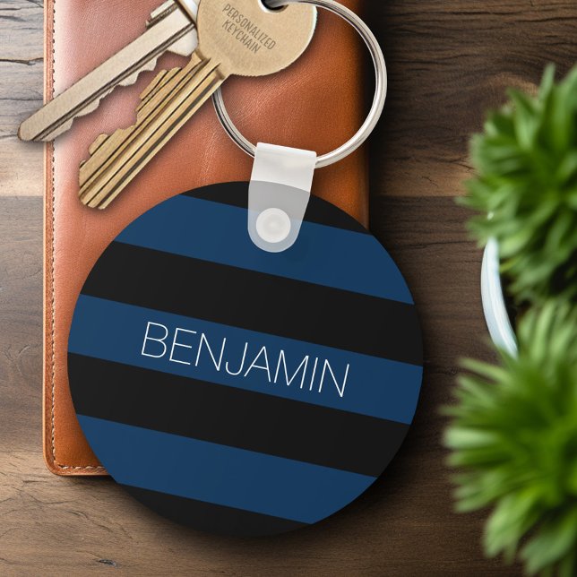 Rand av marin blå och svart rugby med eget namn nyckelring (Personalized Keychain - Sports Stripes Theme)