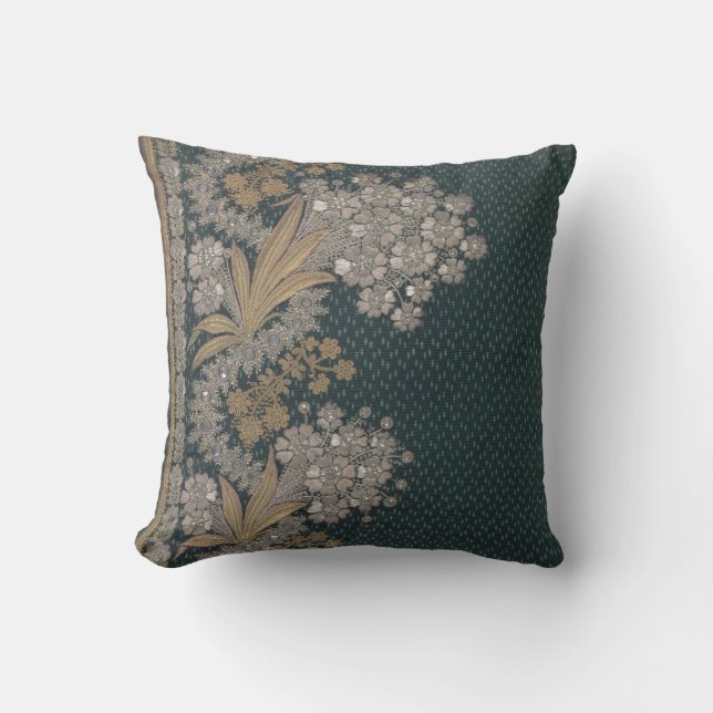 Rand Blommigt Vintage Elegant Brocade Blue Guld Kudde (Framsida)