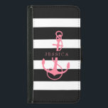 Rand & Boat Anchor in Black White & Rosa Samsung Galaxy S5 Plånboksfodral<br><div class="desc">Elegant svart på vit rand mönster,  vit förankring av sjöbåtar vid rosa färg. Anpassade monogram.</div>