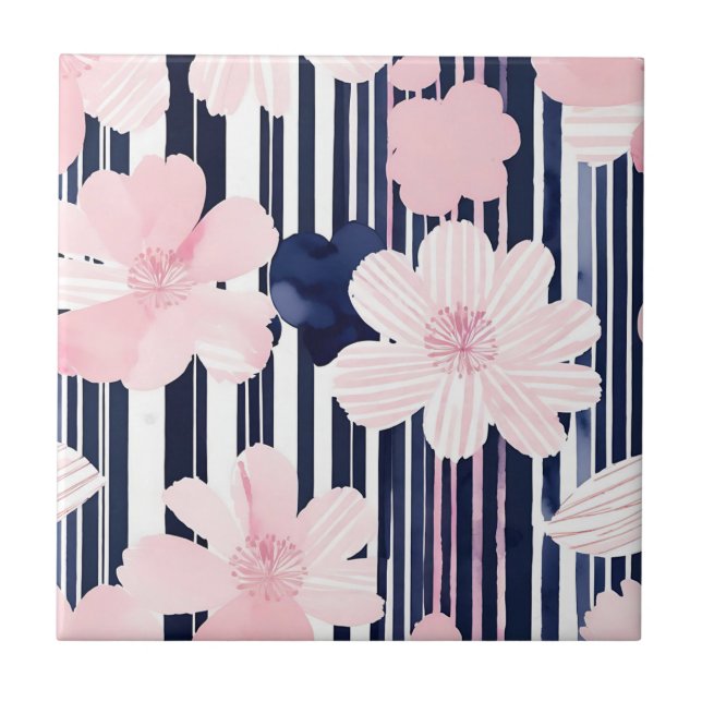 Rand för modern Rosa och marin Blommigt Kakelplatta (Framsidan)