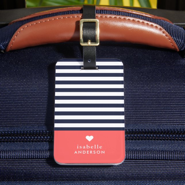 Rand Heart Monogram från marinblått och korall Chi Bagagebricka (Framsida Insitu 2)