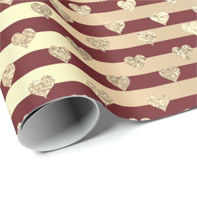 Rand Line Heart Champaigne Guld Burgundy Maroon Presentpapper (Rullad Hörn)