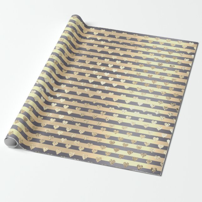 Rand Linjer Hearts Champaigne Guld Grått Graphite Presentpapper (Utrullad)