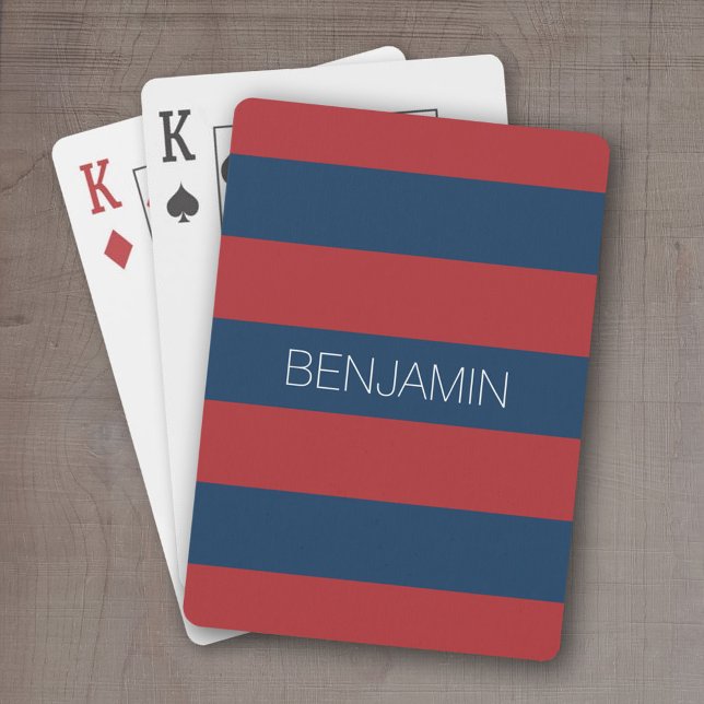 Rand med eget namn, marin blå och röd rugby casinokort (Personalized playing cards - sporty, preppy stripe pattern with name. Great gift for the guys!)