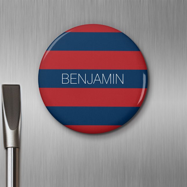 Rand med eget namn, marin blå och röd rugby magnet (Personalized Fridge Magnet - Party Favor - Add Custom Text)
