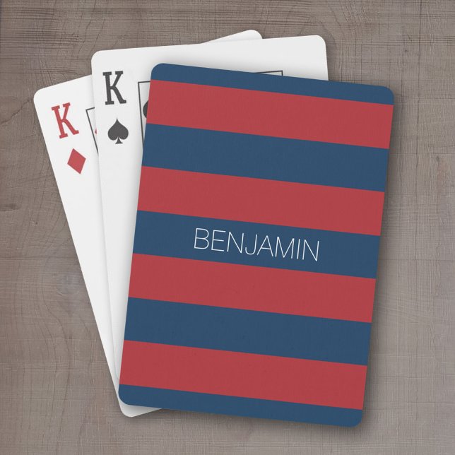 Rand med eget namn, marin blå och röd rugby spelkort (Personalized playing cards - sporty, preppy stripe pattern with name. Great gift for the guys!)