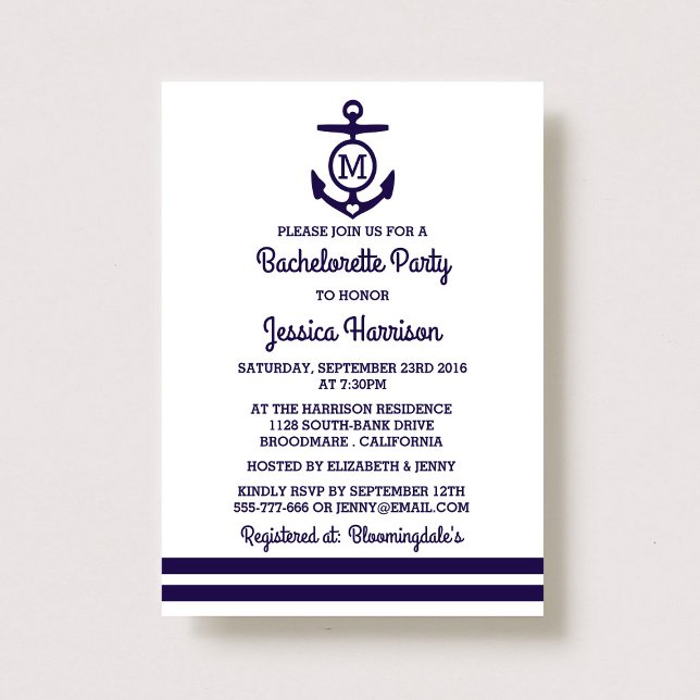 Rand Monogram Anchor Nautical Bachelorette Party Inbjudningar (Skapare uppladdad)