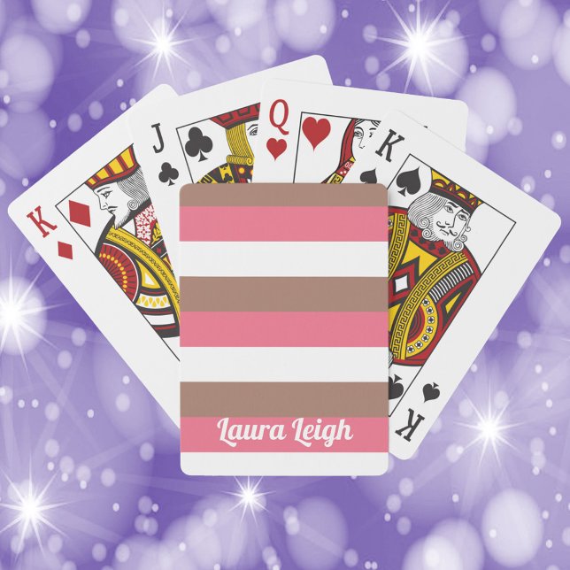 Rand Mönster Brown Rosa White Personalize Casinokort (A deck of playing cards with pink, brown and white stripes with text that can be personalized!)