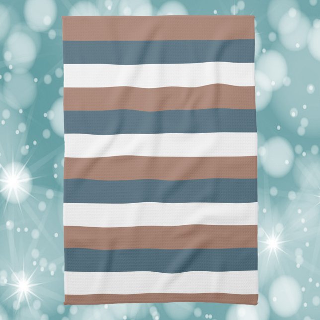 Rand Mönster Mocha Brown Teal White Kökshandduk (A kitchen towel with brown, white and teal stripes.)