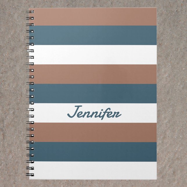 Rand Mönster personalize Brown Teal White Anteckningsbok (A brown, white and teal striped notebook with text you can personalize!)
