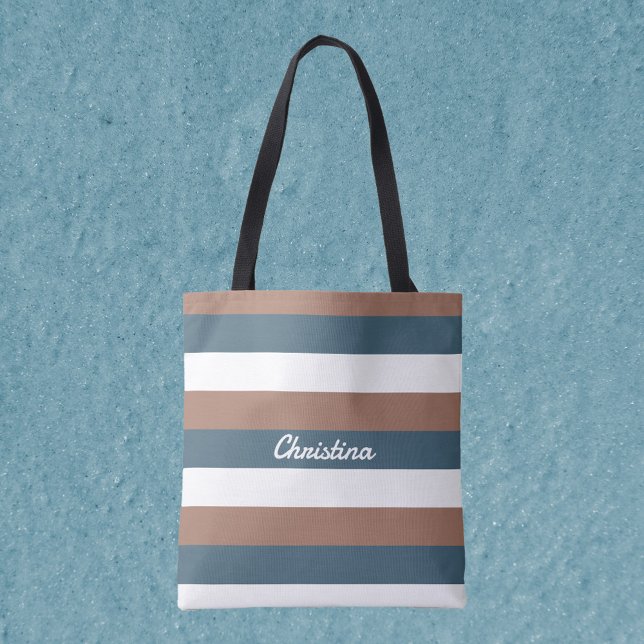 Rand Mönster personalize Teal Brown White Tygkasse (A tote bag with mocha brown, teal and white stripes!  Includes text that can be personalized!)