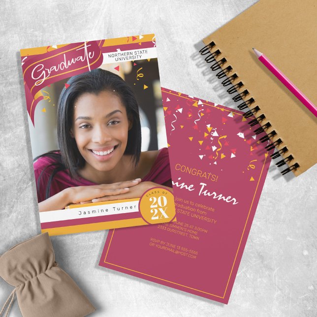 Rand och Confetti Studenten Red/Guld ID890 Inbjudningar (Skapare uppladdad)