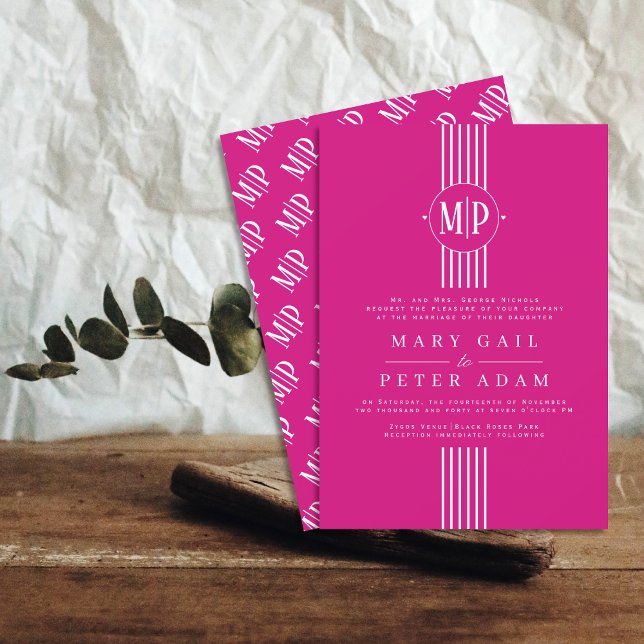 Rand och initialer magenta bröllop inbjudningar (Skapare uppladdad)