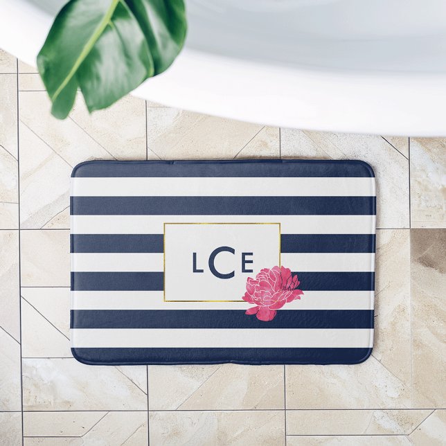 Rand och Rosa Peony Monogram Bath Mat Badrumsmatta (Skapare uppladdad)