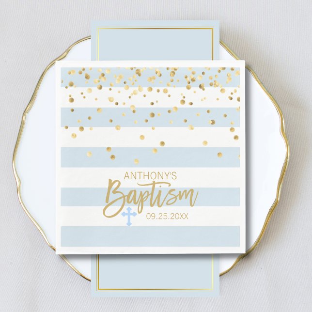 Rand Pastel Blue Guld BOY BAPTISM Luncheon Pappersservett (Skapare uppladdad)