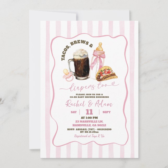 Rand Rosa Tacos Brews Diaper Girl Baby Shower Inbjudningar (Framsida)