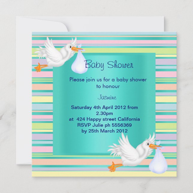 RAND STORK TEAL BABY SHOWER ANBUD INBJUDNINGAR (Framsida)