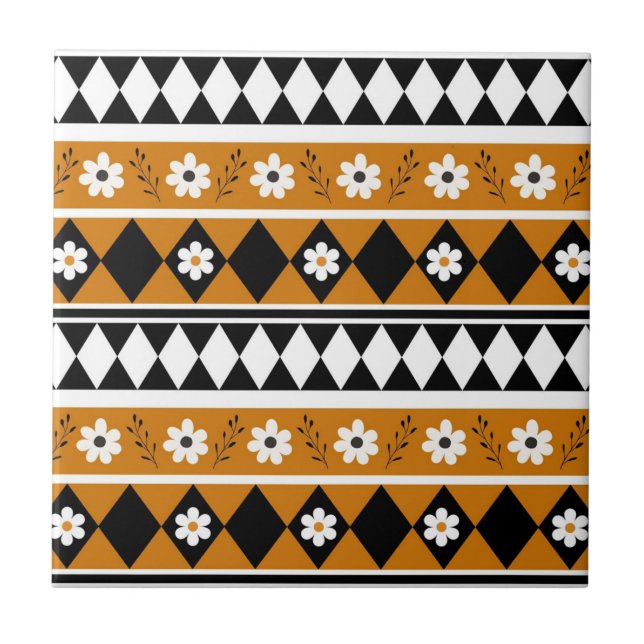 Rand Strip Blomma Diamant Boho Blommönster Kakelplatta (Framsidan)